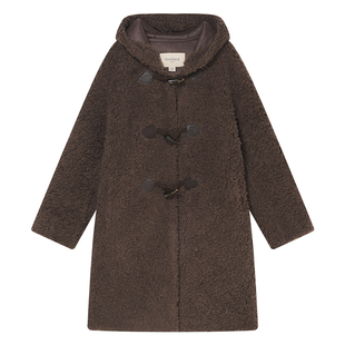 Goodland美地咖色100羊毛环保皮毛一体外套连帽大衣女LC34580430