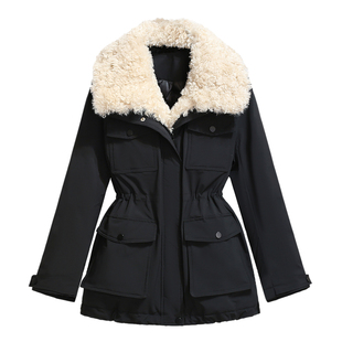 羊羔毛翻领新国标90白鸭绒派克羽绒服女中长款遮屁股收腰2025冬装