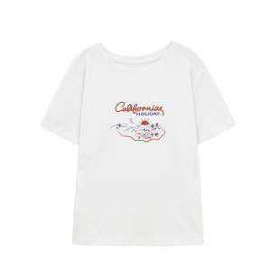 MISAZ  California！红蓝配色复古印花 纯白短袖T恤 宽松上衣女