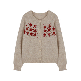 薇颂服饰2025冬季新款女装刺绣立体花朵圆领针织开衫女款毛衣外套