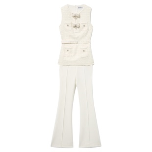 self-portrait 2025春夏象牙白假两件小香风粗花呢连体裤长裤