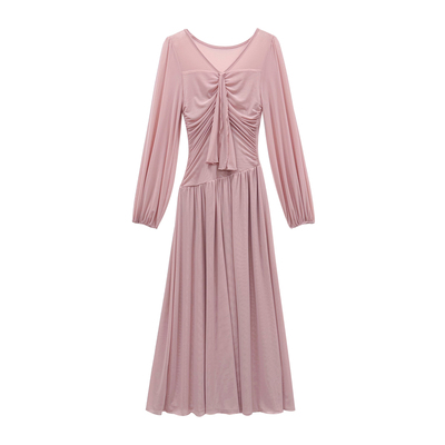 温柔风V领长袖粉色连衣裙