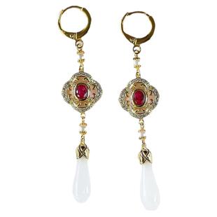 超心水仙气飘飘羊脂白玉兰花耳坠长款纯银带钻彩色宝石耳环女气质