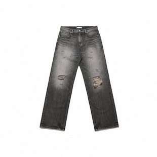 Selfness Kaihara日产面料Riri拉链复古水洗做旧破坏宽松黑牛仔裤