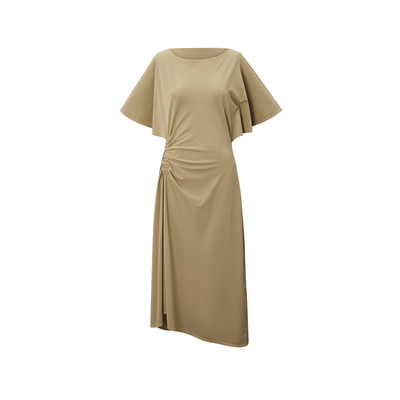 LESS夏季裙子女气质法式松紧抽褶不规则下摆短袖连衣裙2N4G12180