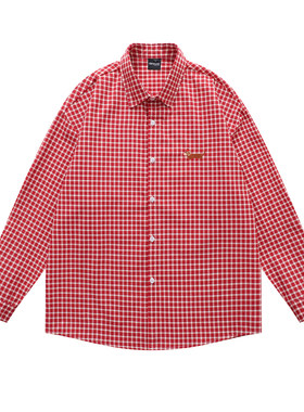 腊肠小狗刺绣红白格纹衬衫2025春