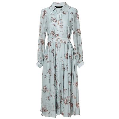 罗衣气质翻领系带花色大摆连衣裙