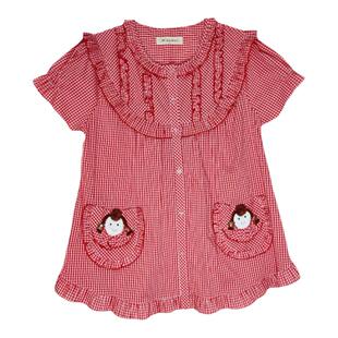 贵夫人红色格子套装纯棉梭织大码春夏圆领印花甜美对襟款短袖长裤