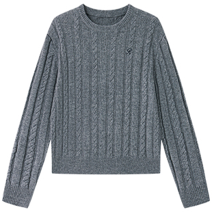 Halo Luu灰色麻花毛衣女春季韩系内搭慵懒宽松高级感套头针织上衣
