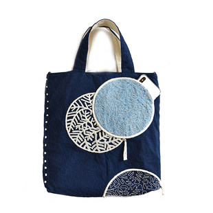 原创月圆蓝染刺子绣大包 手工DIY拼布布艺创意自制手提包材料包