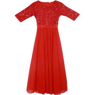 新款大合唱中老年合唱团演出服长裙亮片连衣裙表演舞台装合唱礼服