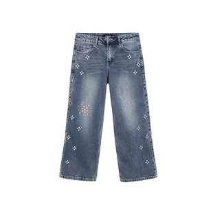 Desigual26春夏新品银丝刺绣花卉设计直筒女士牛仔裤