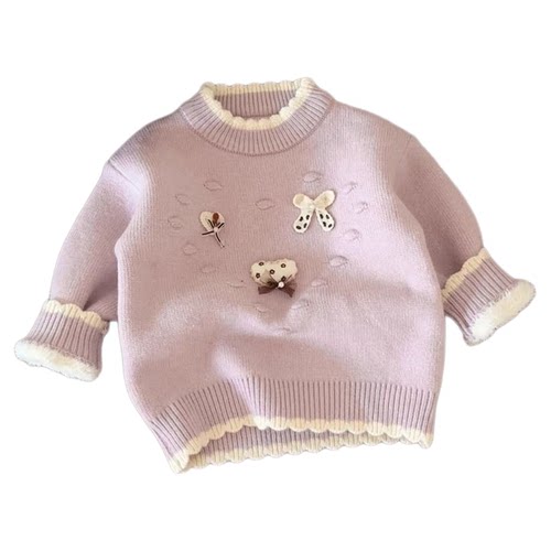 女童紫色毛衣一体绒加厚上衣冬季中小童保暖内搭女宝宝针织衫