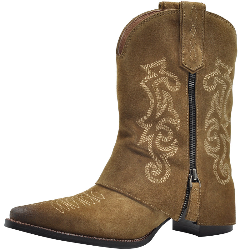 复古刺绣西部靴尖头粗中筒靴