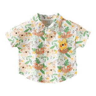 欢喜小熊童装男童花衬衫薄款衣服宝宝上衣儿童短袖衬衣纯棉a类夏