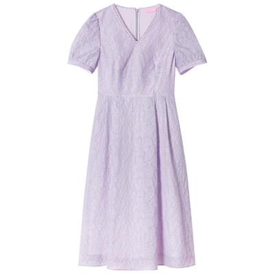 SALT.P可颜v领高腰泡泡袖薰衣草紫暗纹提花连衣裙夏