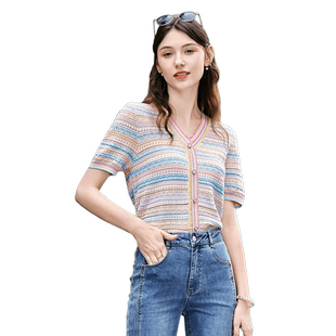 betu百图女装2024年夏季新款彩色条纹V领短袖薄款针织开衫上衣