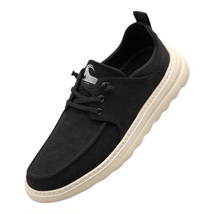 公羊男鞋2025春秋季新款透气黑色帆布鞋百搭厚底休闲一脚蹬鞋子男