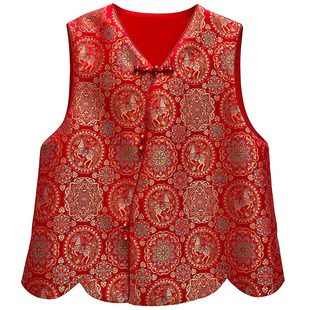 新中式宋锦提花马甲女复古盘扣坎肩红色高级感国风精致背心上衣