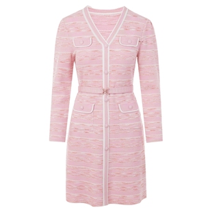 LIME莱茵新款针织连衣裙桃粉色V领气质优雅小香风收腰裙