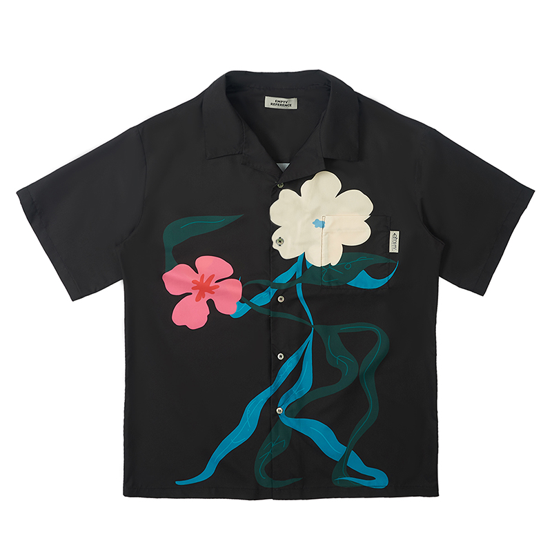胡夏 EMPTY REFERENCE两色丝带舞蹈花朵印花短袖衬衫男夏潮流衬衣