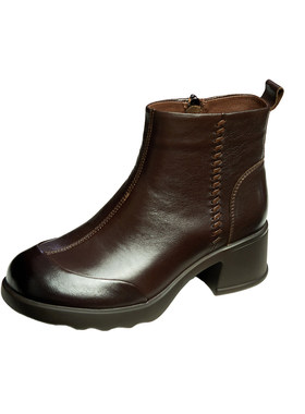 秋冬新款真皮粗跟侧拉链马丁靴女