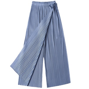 褶皱裤子女巨好看直筒阔腿裤宽松懒惰风高腰百搭系带夏季休闲裙裤
