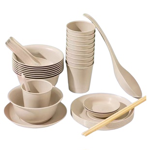 稻壳一次性碗筷套装饭碗骨碟杯子汤勺菜盘商用火锅加厚食品级批发