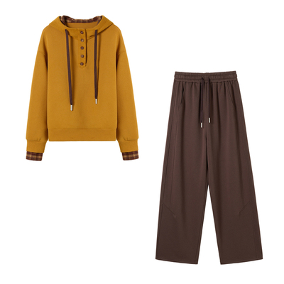 蓝色加绒连帽卫衣女2025冬季新款加厚两件套装宽松直筒卫裤撞色