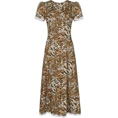 复古豹纹蕾丝边短袖泡泡袖连衣裙