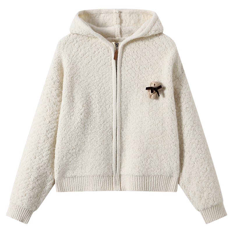 DDXZ夕子减龄学院风连帽毛衣韩系简约百搭软糯上衣羊羔毛拉链外套