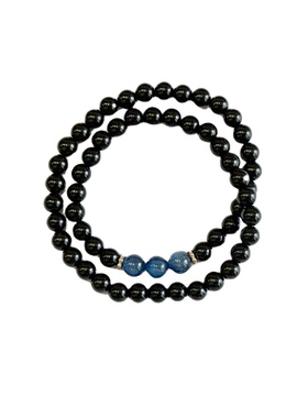 五行补水黑曜石蓝晶石双圈手串
