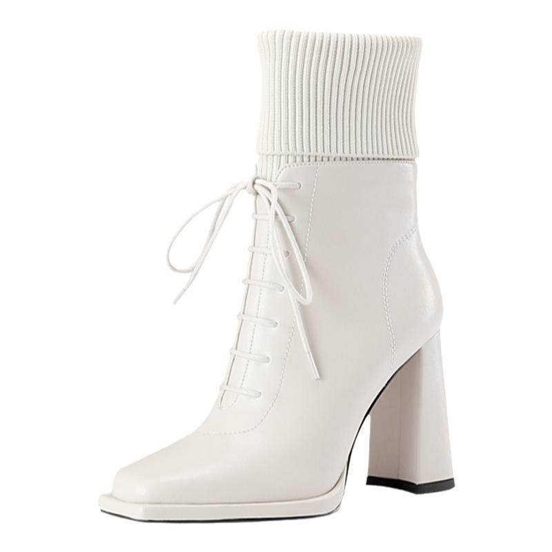 新款洋气粗跟短靴2025秋冬方头毛线筒设计感真皮加绒女士高跟靴子
