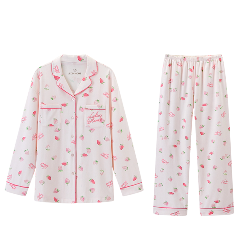 乐町草莓睡衣家居服套装女士长袖睡衣/家居服套装