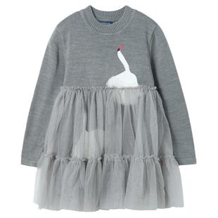 女童毛衣连衣裙春秋冬款红色针织打底裙中大儿童洋气网纱公主裙子