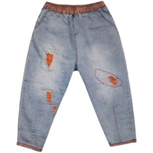 七分老爹裤女夏季薄款时尚个性撞色宽松紧腰大码牛仔哈伦萝卜裤潮