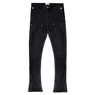 ASKYURSELF美式高街复古拼接铆钉水洗破坏伐木工装微喇牛仔长裤