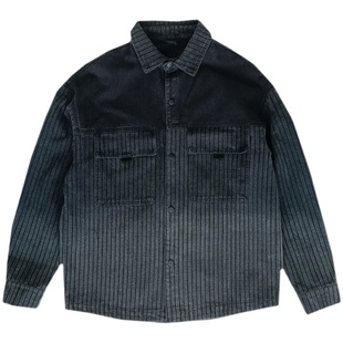 牛仔服外套男士潮牌翻领渐变色条纹上衣青年春季新款宽松休闲夹克