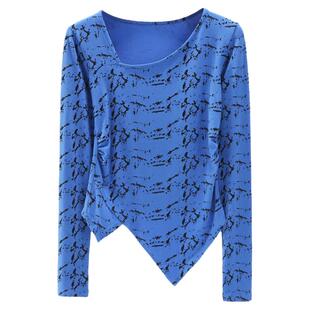 早春新款韩版V领修身纯棉斑纹不规则纯欲长袖体恤上衣内搭女打底