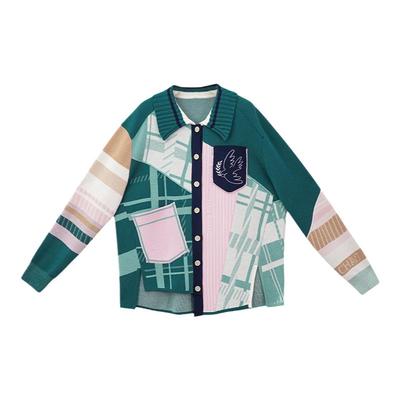 撞色拼接格纹羊毛开衫