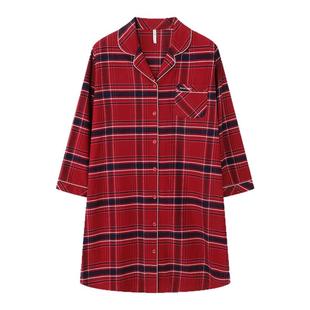 达尔丽柔软纯棉睡裙女秋冬长袖2025新款格纹开衫休闲中裙家居服