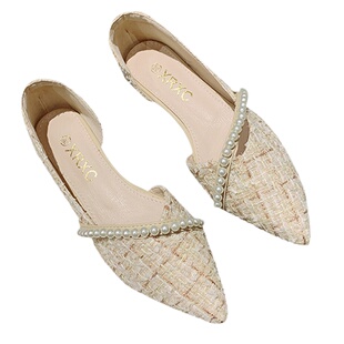 2025年春夏新款仙女风珍珠装饰浅口侧空平底鞋女舒适软底尖头单鞋