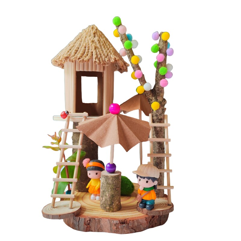 幼儿园手工diy树枝木片树屋搭建