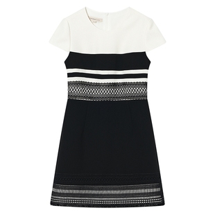 Goodland美地夏法式黑白撞色刺绣蕾丝花边赫本连衣裙