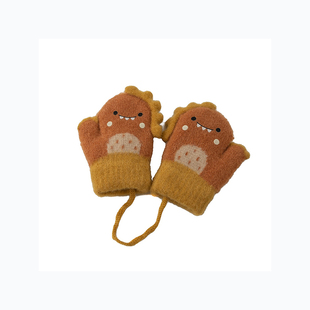 宝宝手套冬季毛绒保暖可爱超萌恐龙男童个性挂脖防掉包指儿童手套