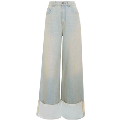 ADIDAS阿迪达斯三叶草经典女裤春新款阔腿棉质宽松牛仔长裤KW4517