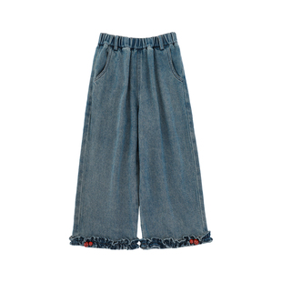 幼悠女童2026春新款宽松直筒牛仔裤羊毛混纺休闲百搭小女孩九分裤