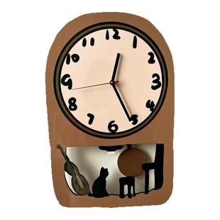 黑猫钢琴静音挂钟治愈系简约时钟卡通挂墙钟表摇摆钟表琴房氛围钟