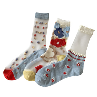 袜子女款中筒袜夏季超薄玻璃丝水晶袜透气防勾丝花朵森系复古女袜