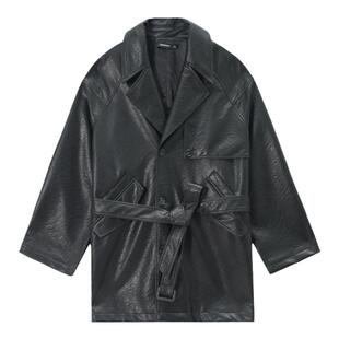 【老钱风】Unvesno(UN)中古 ROW 风肯辛顿肩片抓纹皮革大廓形风衣